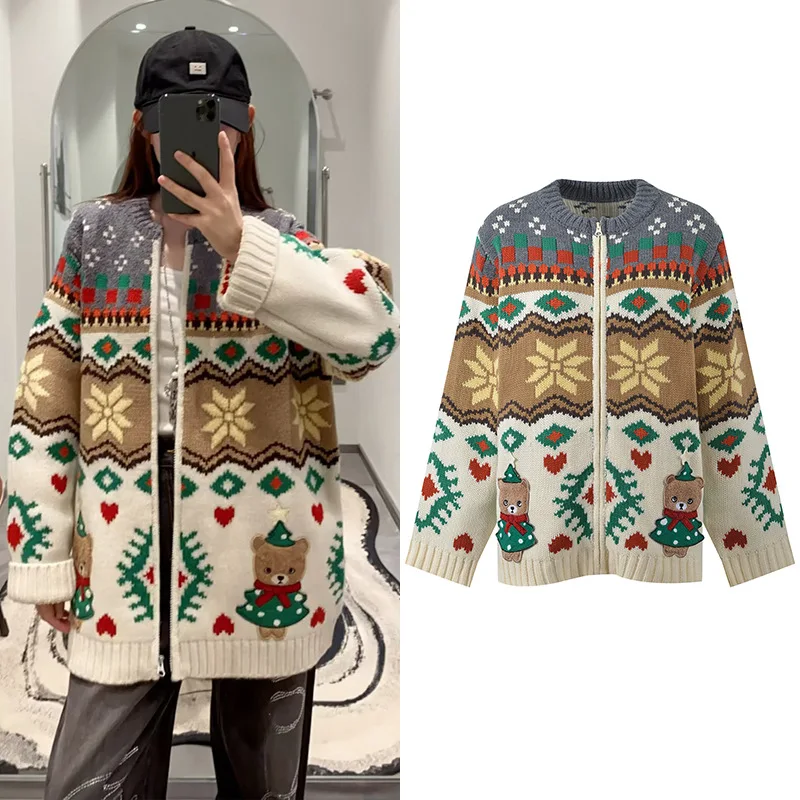 

High-End European Sle Casual Loose Knitted Zipper Long Sve round Ne Cartoon Embroidery Outerwear Women's Faion