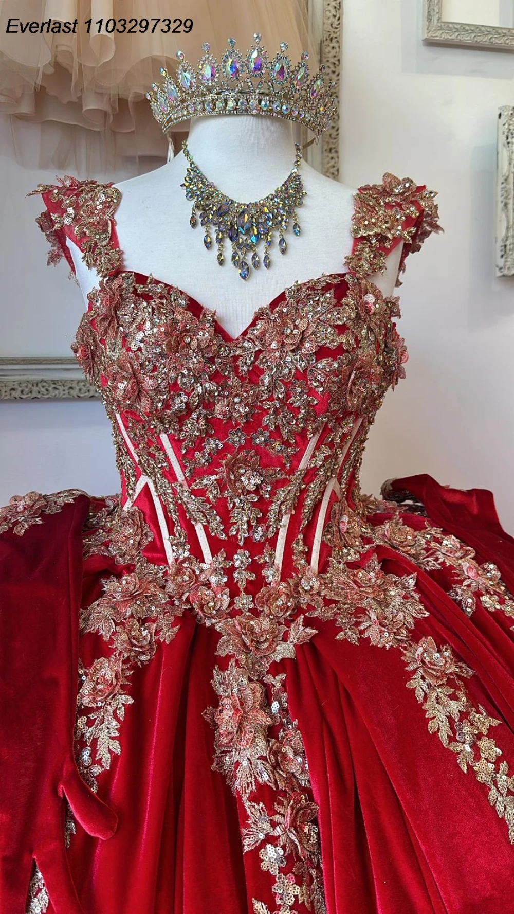 EVLAST-vestido De quinceañera rojo con purpurina, traje De baile De mariposa dorada, apliques De cuentas, dulce mexicano 16, 15 años, TQD640