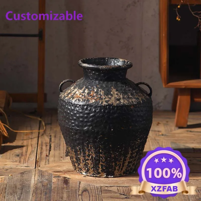 Factory Direct 2026 Medieval wabi sandy wind coarse pottery decorative flower pot high sense living room dried flower storage