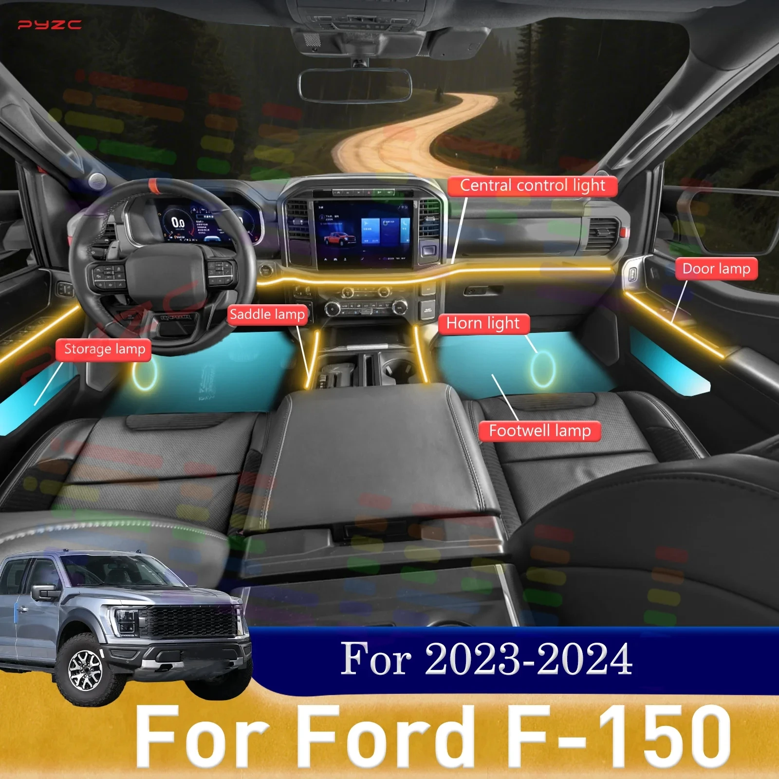 

Для Ford F-150 салон автомобиля декоративный окружающий свет RGB 64-цветный светодиодный быстросъемный монтажный комплект для 2023-2024