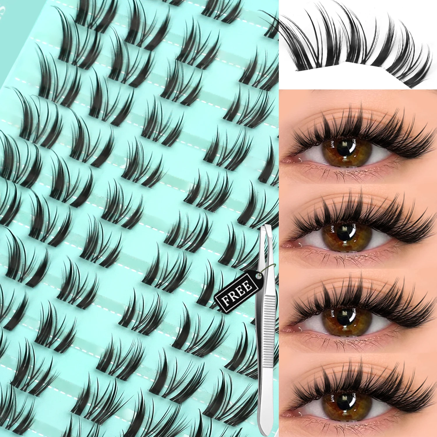 ラスヴィレ ラッシュクラスター ナチュラルキャットアイラッシュ DIY マンガまつげエクステ ソフトウィスピー個別まつげ ラッシュピンセット付き メイクアップ