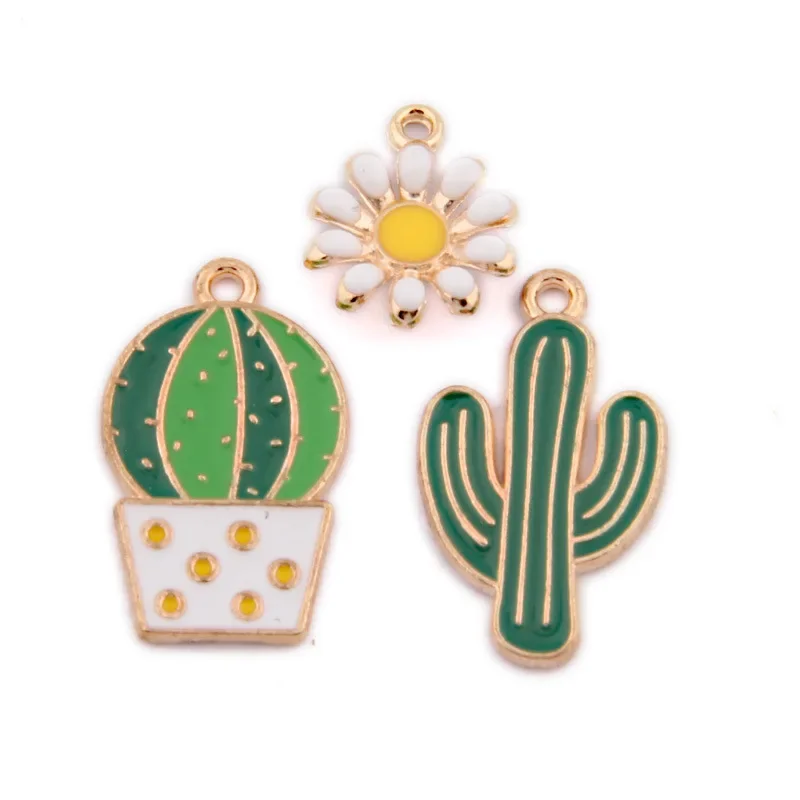 10pcs Potted Desert Cactus Enamel Charms Little Daisy Pendant for Bracelet Earrings Jewelry DIY Making Accessory