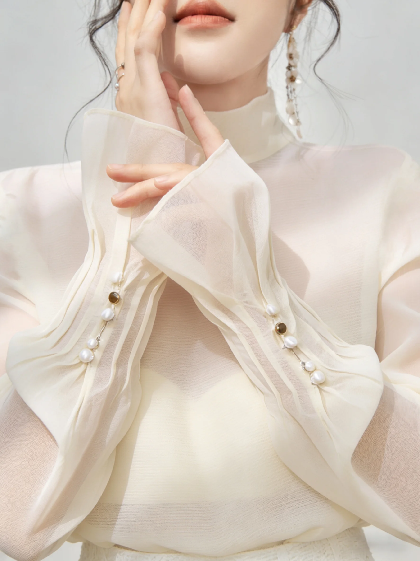 

Белая женская рубашка с воротником-стойкой, модная, в французском стиле, из смесового полиэстера, с длинным рукавом, для делового и повседневного стиля