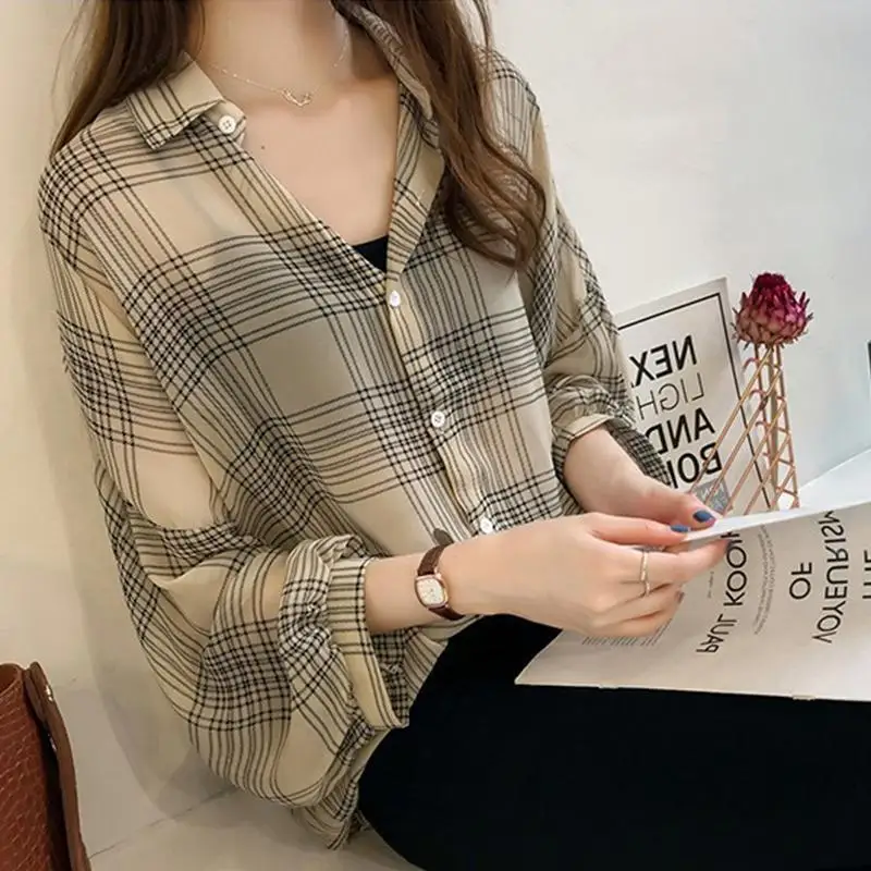 

Plaid Shirt Ladies Blouses Summer 2025 Sun Protection Shirts Korean Style Long Sleeve Chiffon Top Blouse Femme