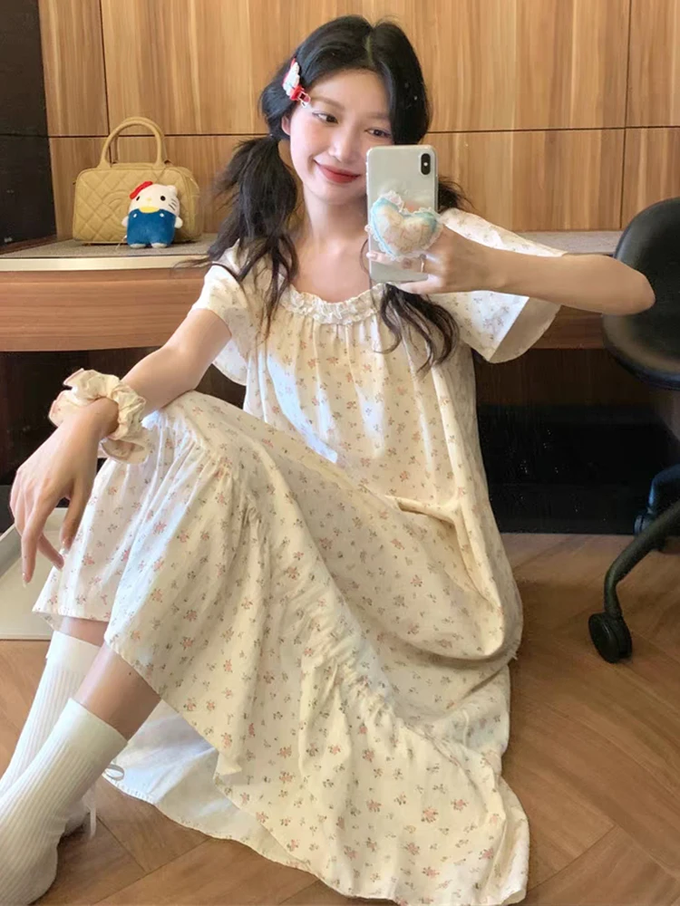 

Summer Pure Cotton Long Dr Spwear ort Sve Home Clothes Women's Sle Sweet Floral Princ Sle Long Dr