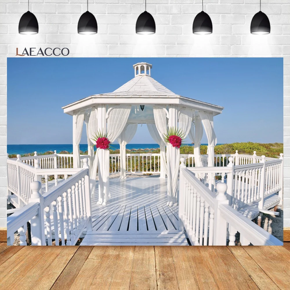 Laeacco Outdoor Wedding Photo Backdrop White Pavilion Flower Wedding Ceremony Bridal Shower Portrait Photography Background