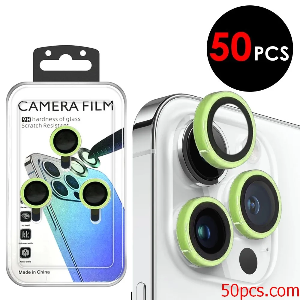 

50Pcs Fluorescent Camera Lens For iPhone 15 14 13 12 11 Pro Max Plus Mini 3D Luminous Ceramics Glass Screen Protector