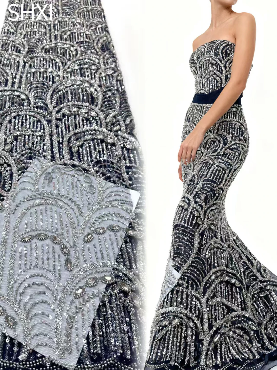 

African Black Beaded Fabrics Sequins Lace Fabrics Gold Beads Tulle Lace Fabric Embroidered Lace Fabrics For Sewing （Diamond ）