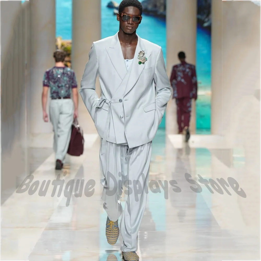 High Street Fashion Men's Suit Jacket Pants Peaked Lapel Front Belted Blazer Pleated Pants Set Smart Casual Party Daily Wear