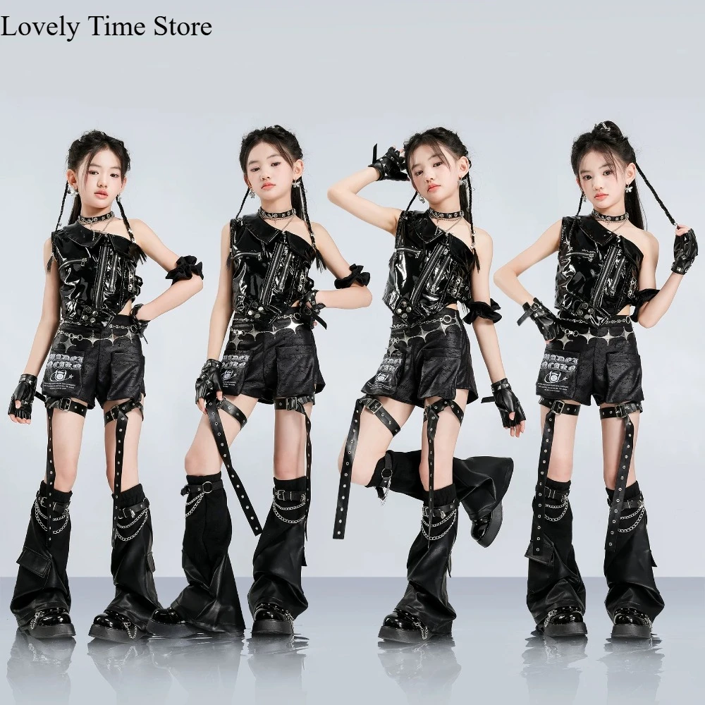 Girls Hip Hop Shiny Crop Top Hot Pants Kids K-pop Jazz Shorts Dance Culottes Clothes Sets Children Streetwear Girl Group Costume