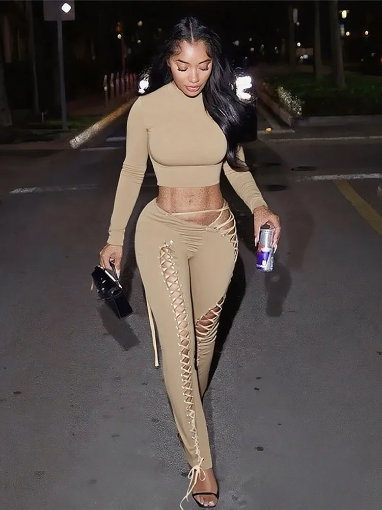 Weird Puss Sexy Women 2 Piece Set Casual Tracksuit Full Fall Crop Tops+Shirring Irregular Pants Stretch Streetwear Skinny Suits