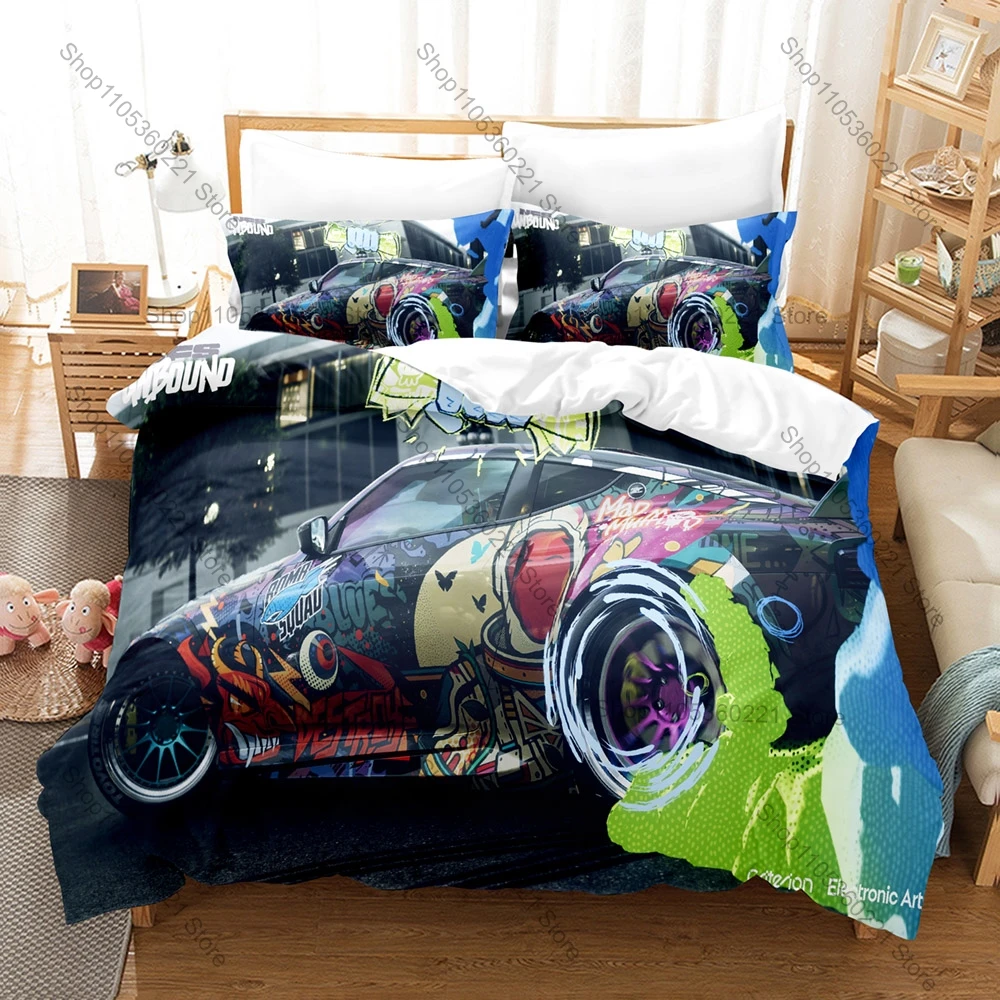 Need for Speed Unbound Themed Duvet Cover + 2 Pillowcases, Lakeshore Street Racing Graphic Bedding Set Home Dorm Decoration