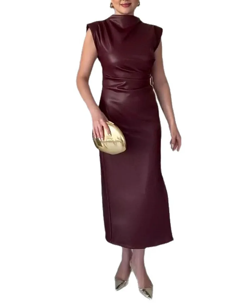 Basic casual commuting dress summer new long skirt temperament leather jacket waist cinched round neck dress