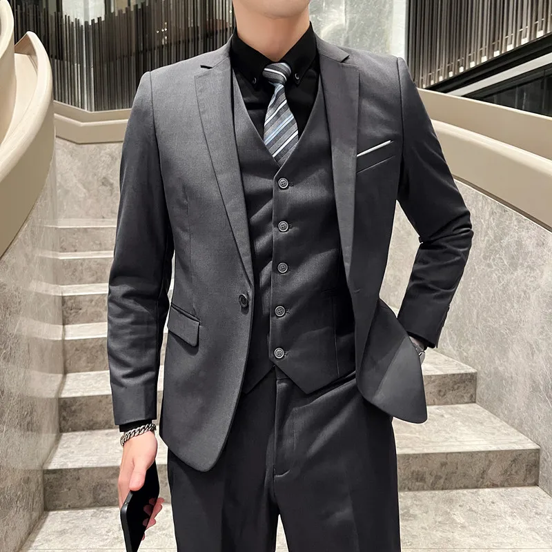 High-quality Solid Color Suit (suit + Vest + Trousers) 2024 New Men\'s Work Business Wedding Fashion Three-piece Set Acetate