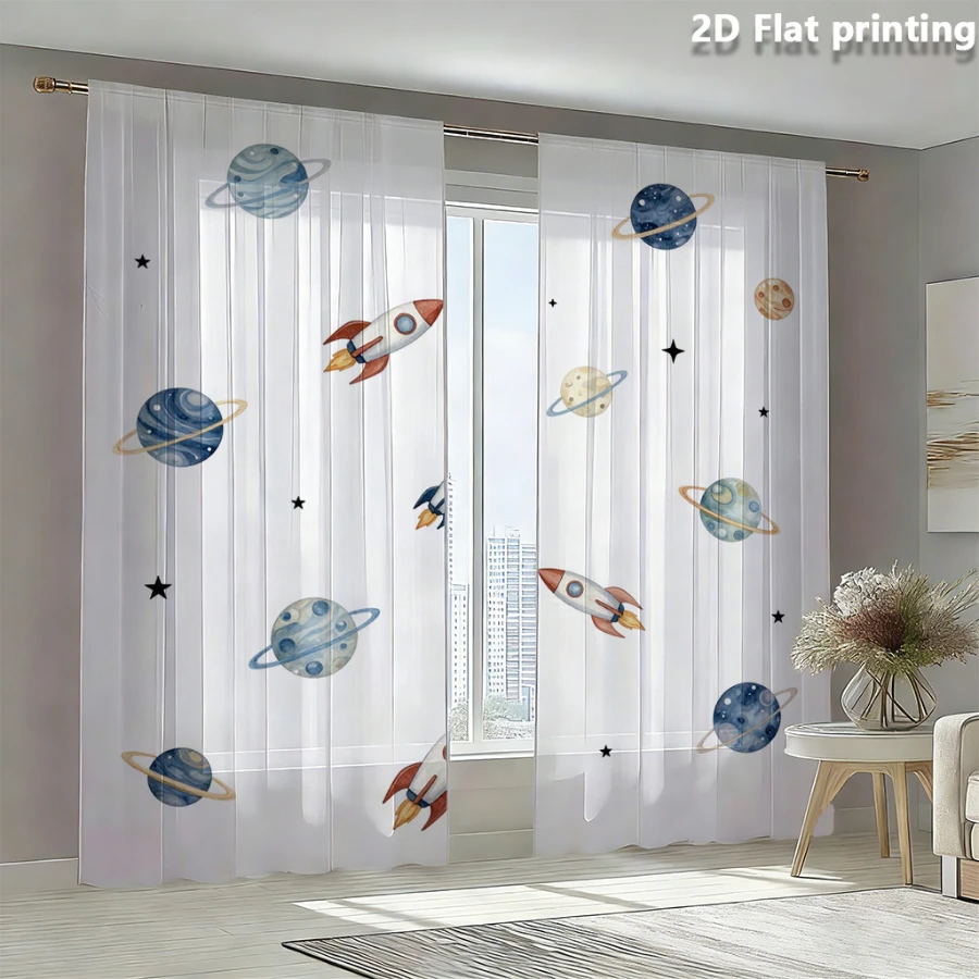 2PCS Digital Print Sheer Curtain, Planet Rocket, Cottagecore Aesthetic Window Curtains for Living Room Bedroom Home Decor