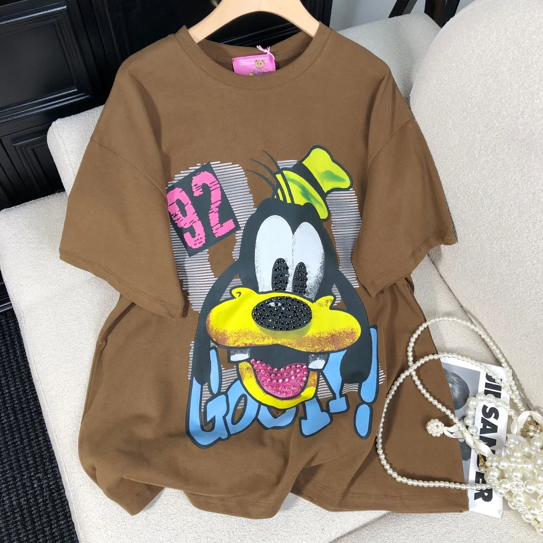 Trendy Brand Heavy Industry Cartoon Diamond-encrusted Printing Multi-color Round Neck Loose Casual Short-sleeved T-shirt Women