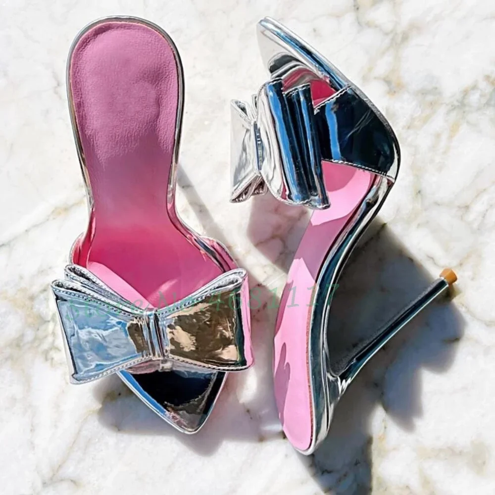 Butterfly Knot Pink Insole Slippers Women High Stiletto Heels Silver Patent Leather Pointy Toe Shoes Sexy Spring Ladies Slippers