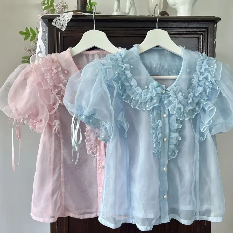 

Женская милая жемчужная кружевная рубашка с оборками в японском стиле Kawaii Лолита, рубашка с воротником Питера Пэна, блузки принцессы, женские топы с пышными рукавами Y2k, Blusas