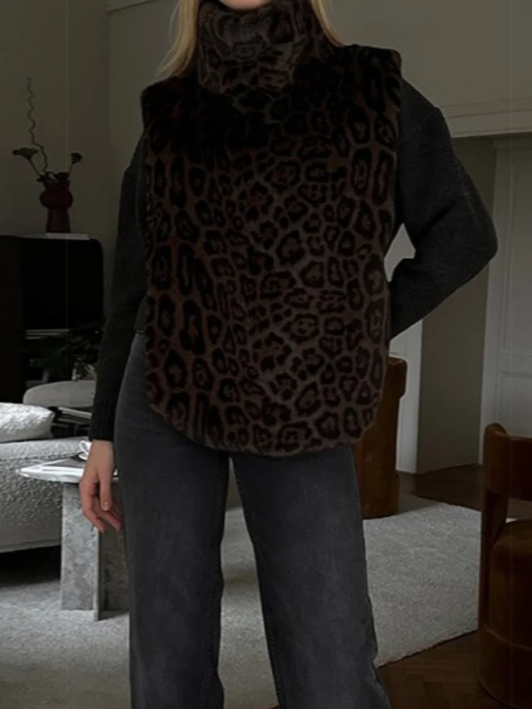 토시 패션 레오파드 프린팅 터틀넥 베스트 여성용 민소매 하이웨이스트 배색 스트리트웨어 크롭 탱크탑 베스트 신상품