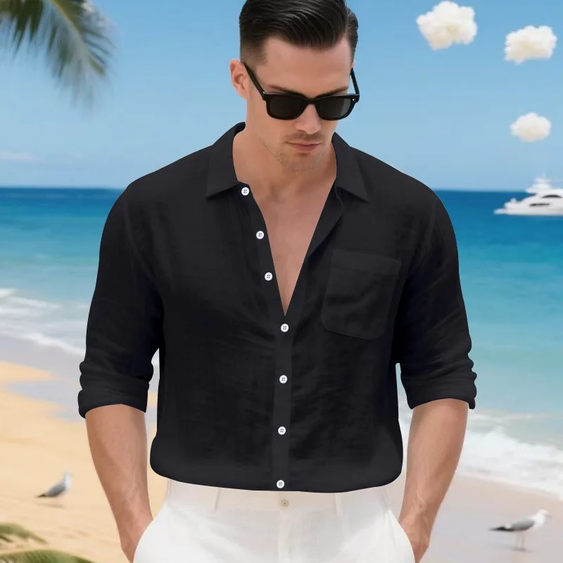 Men Linen Long Sleeve Shirts Breathable Casual Simple Lapel Hawaii Style Daily Blouses Eight Colors Optional