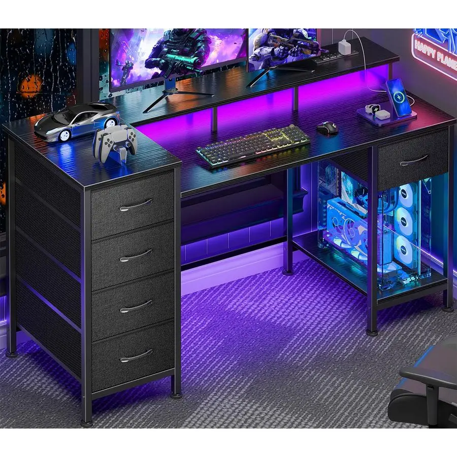 

Компьютерный стол 47 дюймов с 5 тканевыми выдвижными ящиками для хранения, игровой стол с розетками и LED-подсветкой, реверсивный стол для домашнего офиса