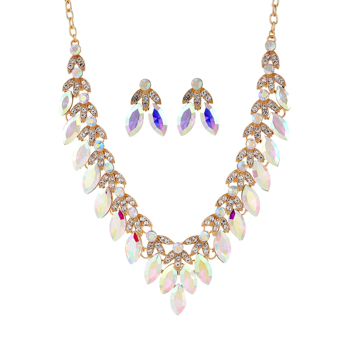 Vintage exaggerated necklace, earrings set, crystal gemstone collarbone chain, women's two-piece jewelry set, fashion