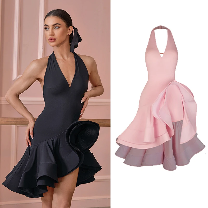 

ZYM Latin Dance Dress Women Halter Neck Fishbone Dress Rumba Tango Performance Costume Adult Club Party Sexy Black Dress NV22787