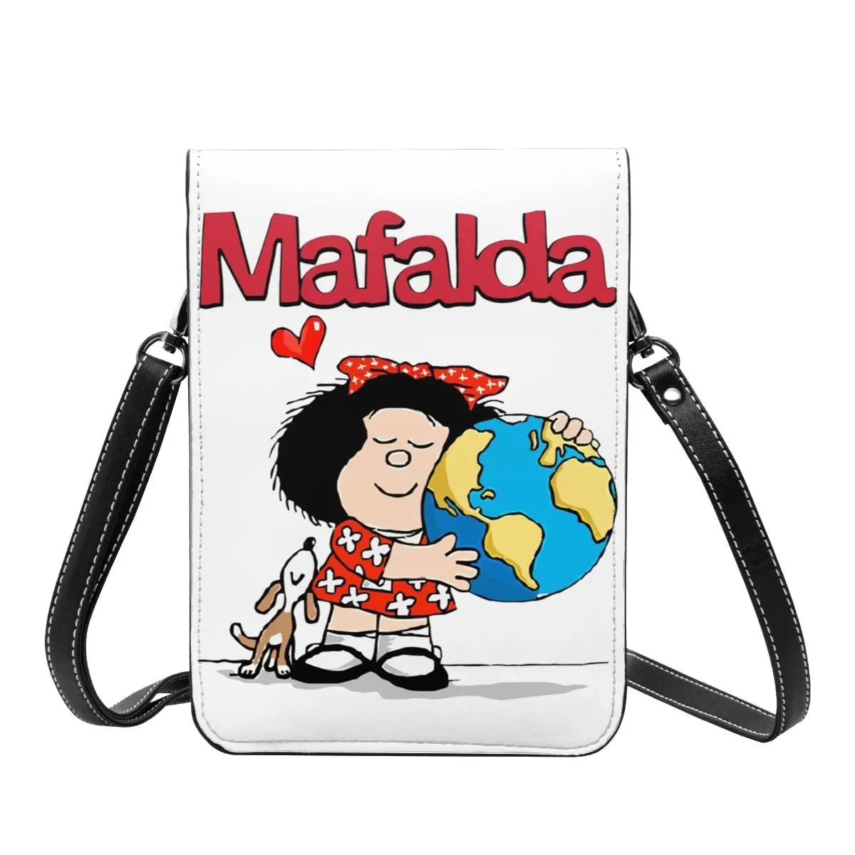 Mafalda غلوب الجلود الهاتف الخليوي محفظة البضائع العصرية للجنسين Mafalda العالم ولها جرو حقيبة كروسبودي حامل بطاقة المحمولة