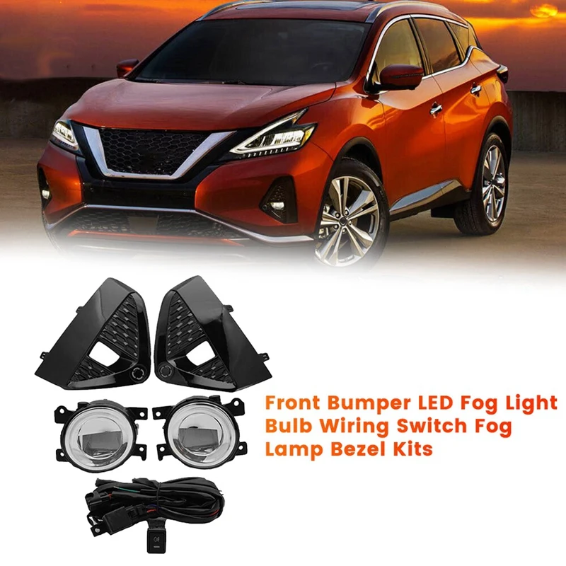 1Set Car Front Bumper LED Fog Light W/ Bulb Wiring Switch Kits For Nissan Murano 2019-2024 Driving Fog Lamp Cover Bezel