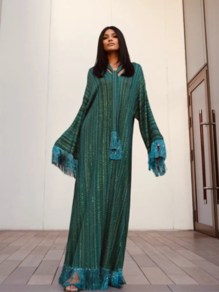 

Elegant Tassel Printed Long Dress Women Loose V-neck Full Sleeve Scarf Dresses Female 2025 Summer Lady Beach Vacation Robes New
