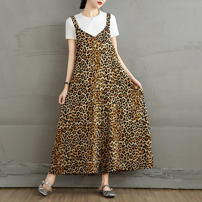 Pantalon une pièce amincissant imprimé léopard, décontracté, ample, bretelles, jambes larges, jupe, bon à porter, beau drapé