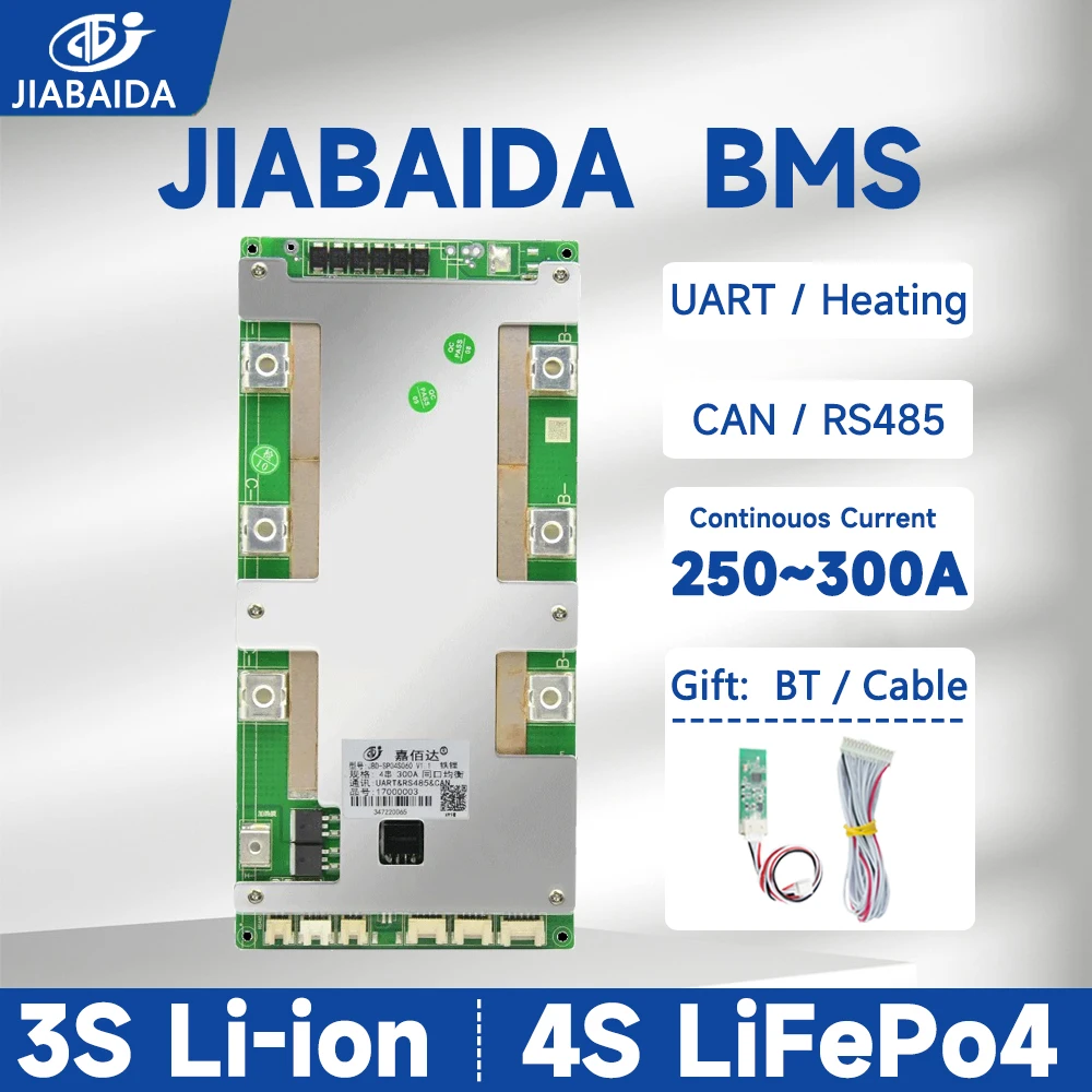 JIABAIDA Smart BMS JBD 3S 4S LiFePo4 Li-ion Battery 250A 300A High Current Charge Protect BT CAN RS485 Heating Series Connect