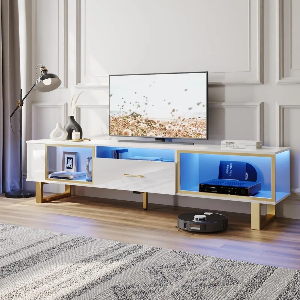 

TV Stand with LED Light for TVs up to 70 Inch, Modern Entertainment Center with Open Storage and Drawer, High Gloss Media Conso