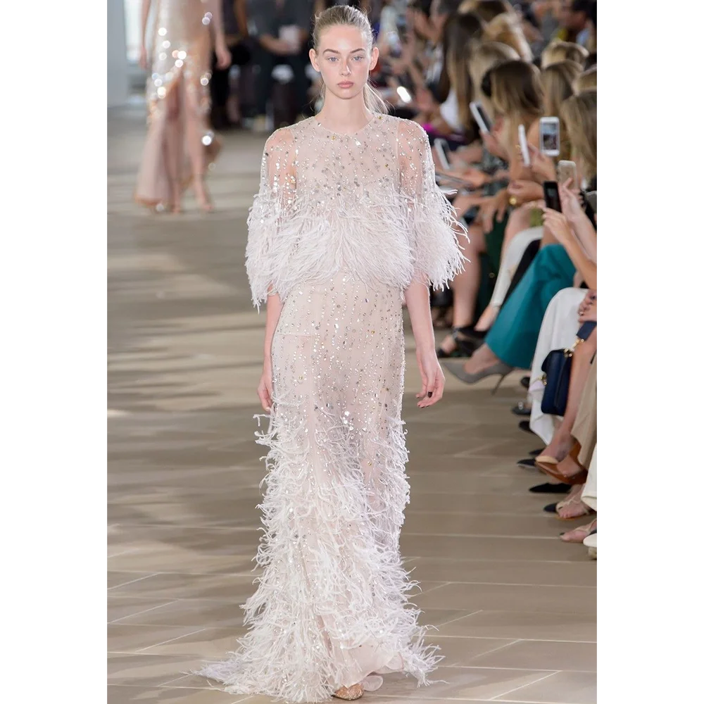 Luxury Beading Feather Evening Derss Formal Occasion O-Neck Half Sleeve Sparkly Sequin Elegant Wedding Reception Bridal Gown