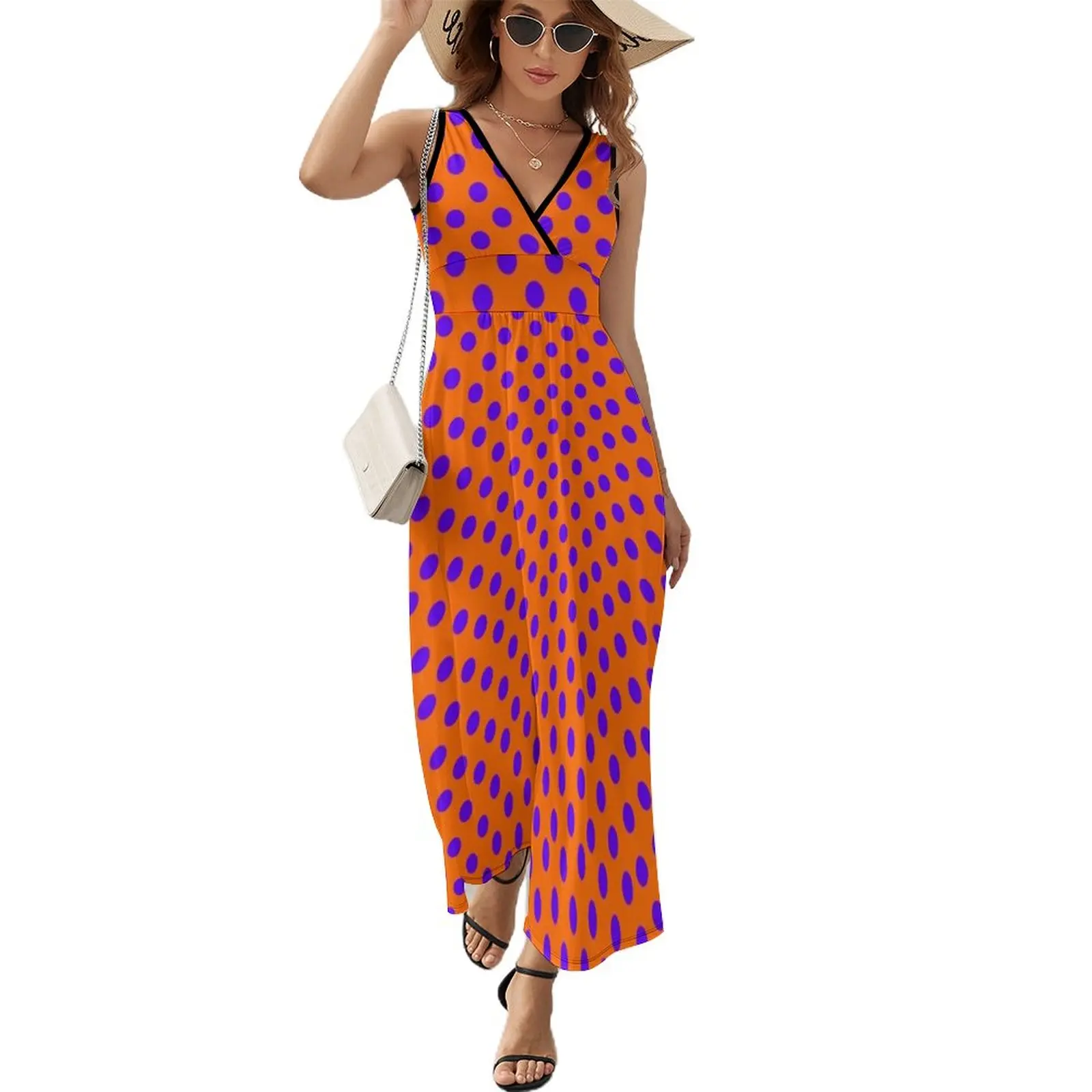 

Purple on Orange Polka Dots Sleeveless Dress elegant guest wedding dress Women's summer suit