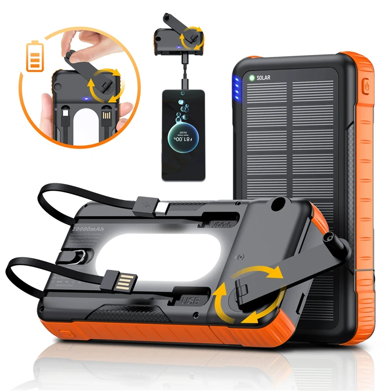 

Hand Crank Solar Power Bank 20000mAh With Cable Camping Light Portable Battery Solar Powerbank for iPhone Xiaomi Huawei Samsung