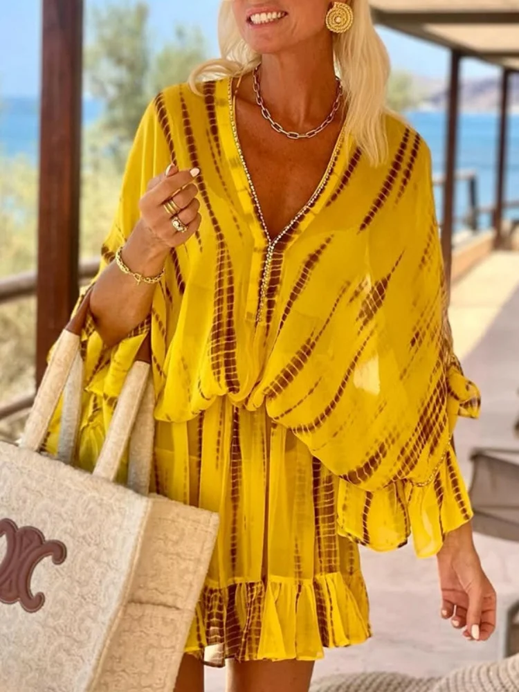 Böhmen V-ausschnitt Diamant Rüschen Lose Sommer Kleid Frauen Casual V-ausschnitt Bandage Mini Kleid Weibliche Urlaub Strand Sommerkleider