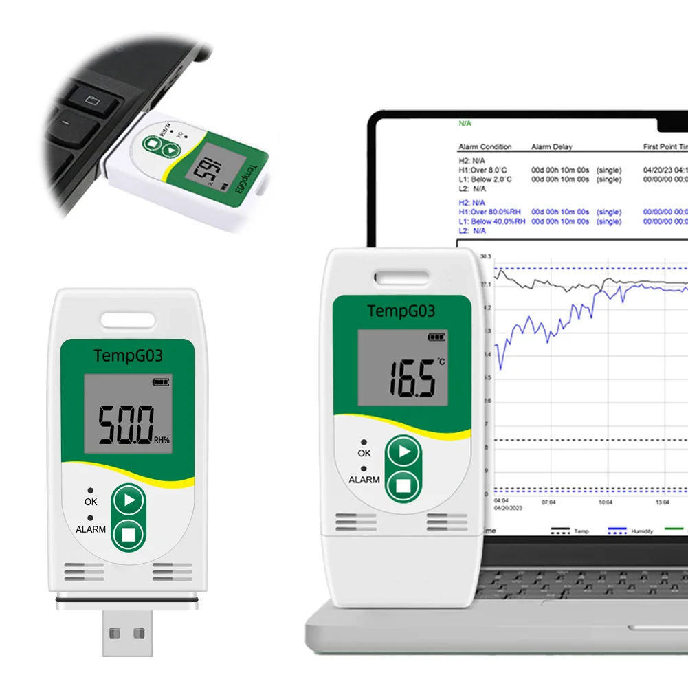 

USB Temp & Humidity Data Logger Digital Humiture Recording Meter Reusable Temperature Data Logger Over Temp Alarm for Cold Chain
