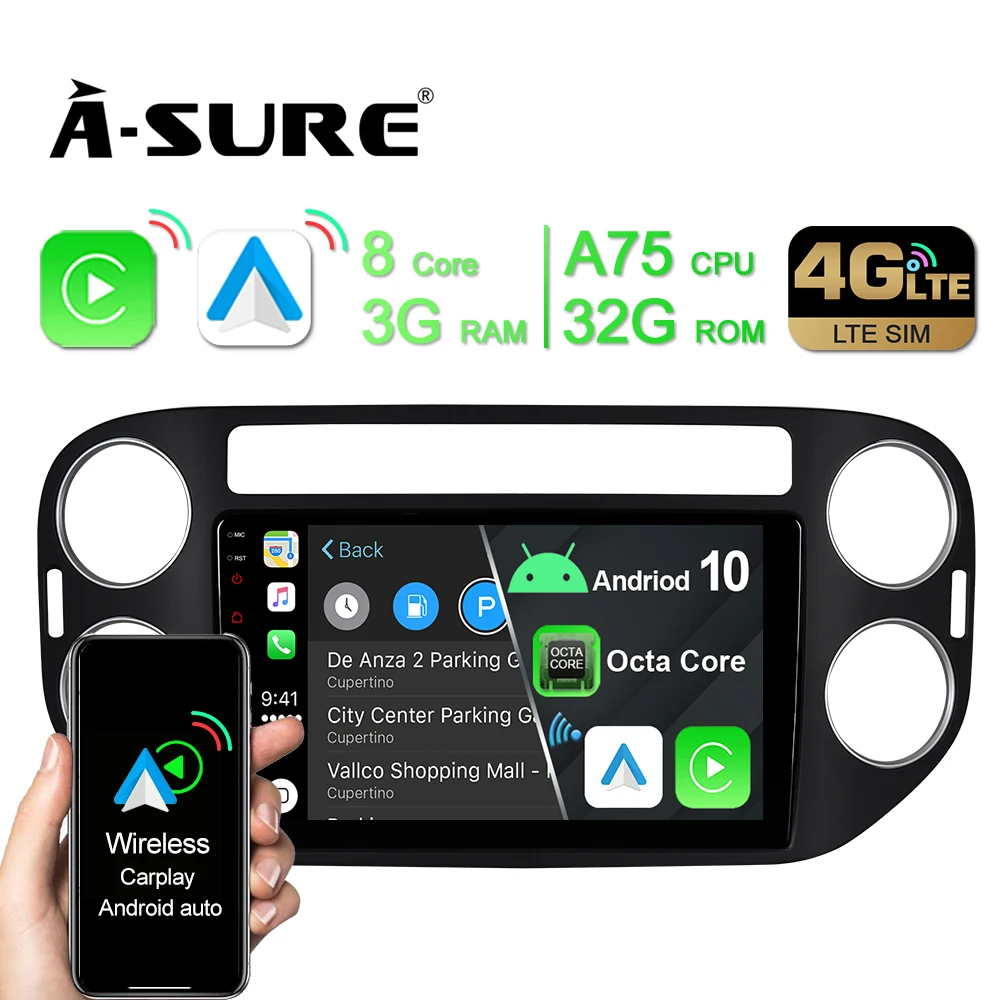 

A-Sure 2 Din 9'' 4+64GB Android 10 Car Radio Wireless CarPlayGPS Navigation Multimedia For VW Tiguan 1 NF Golf 5 Plus 2007-2016