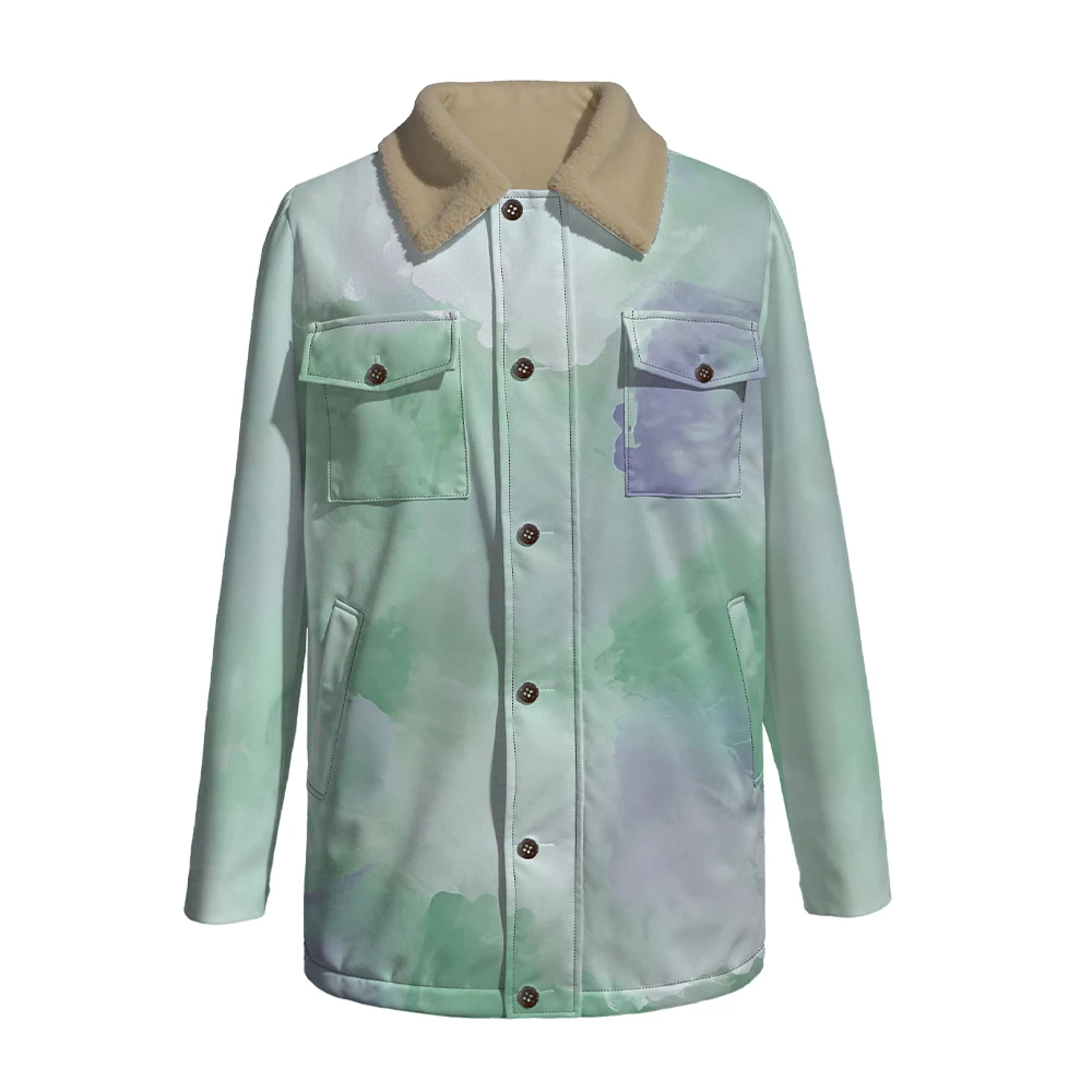 Serene Watercolor Gradient Jacket with Plush Faux Shearling Collar Unisex Abstract Nature Print Coat Buttons Winter Outerwear