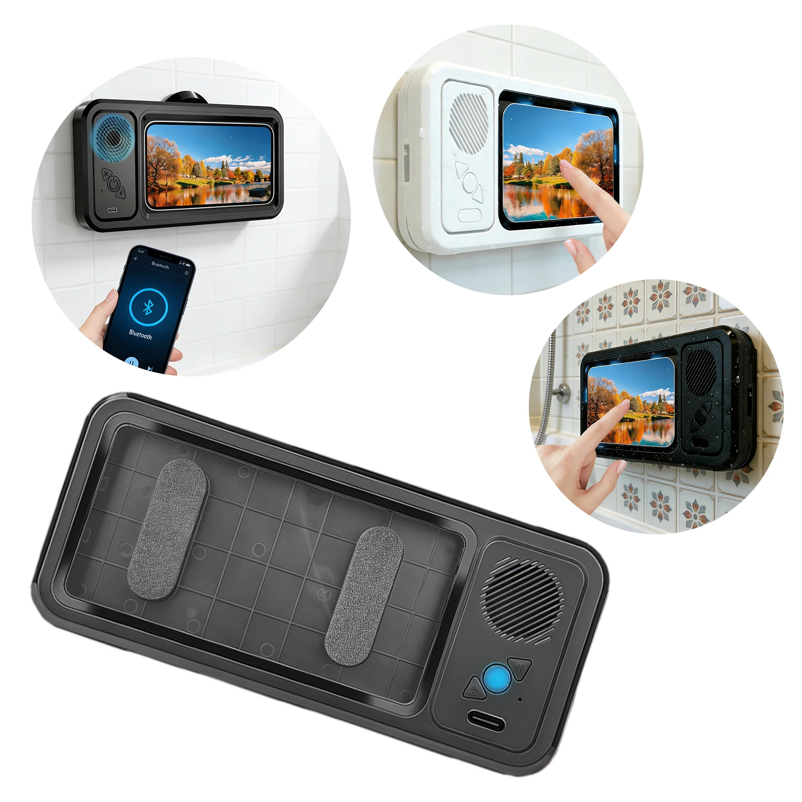 

Shower Phone Holder With Bluetooth Speaker IPX5 Waterproof Anti-Fog Touch Screen Wall Mount Phone Holder For Shower Bathroom