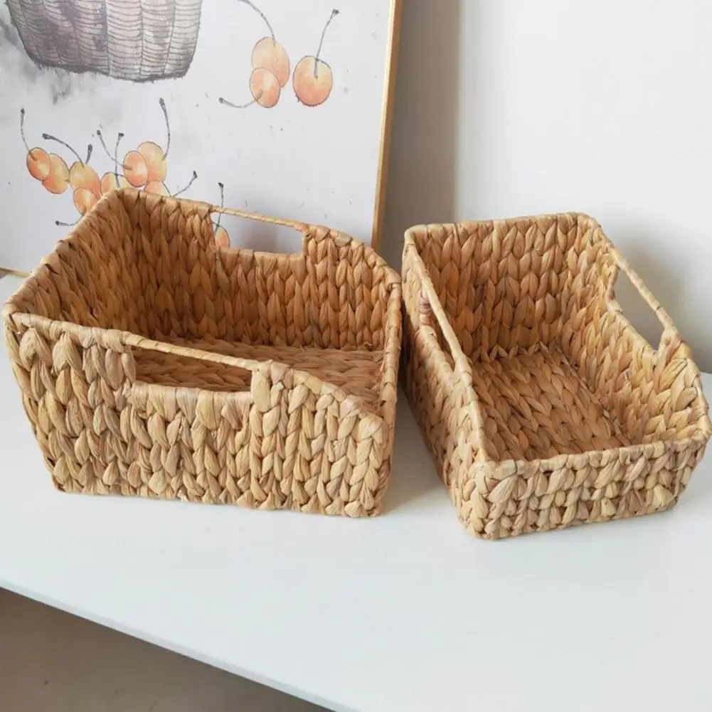 Cestas de almacenamiento tejidas a mano con asas, caja de soporte de almacenamiento, cesta de mimbre de jacinto de agua apilable de gran capacidad, 1/2 Uds.