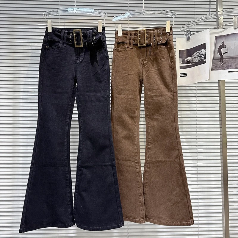 

2025 Winter New Spicy Girl Street With Belt Slimming Velvet Micro Flared Trousers Casual Solid Color Versatile Pants