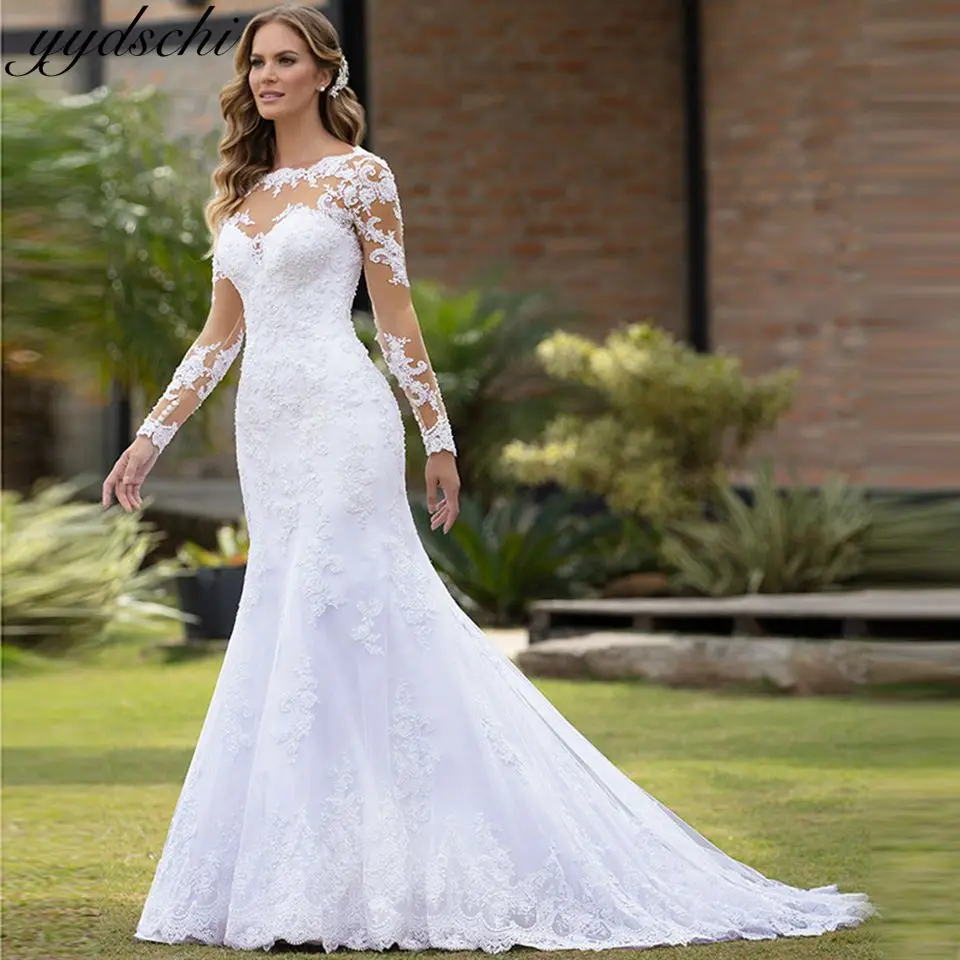 

2025 Scoop Neck Wedding Dresses For Women Tulle Illusion Lace Appliques Bridal Gown Elegant Long Sleeves Vestidos De Novia