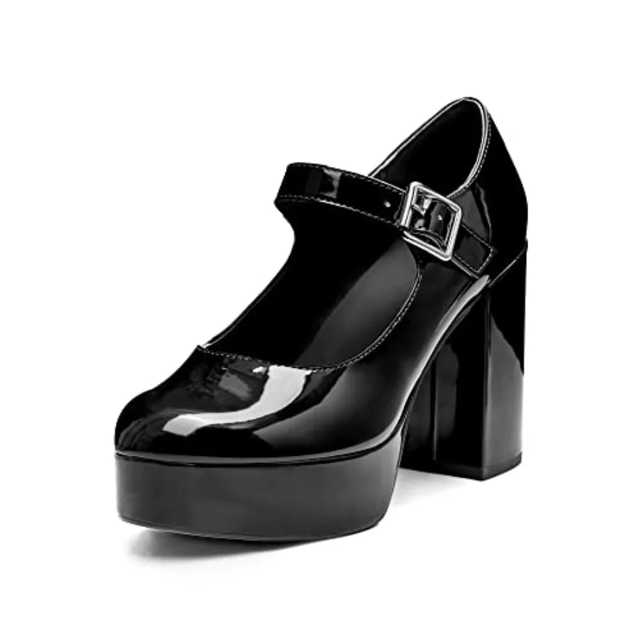 

Coutgo Womens' T-Strap Round Toe Chunky Platform Heels Patent Mary Jane Dress Shoes