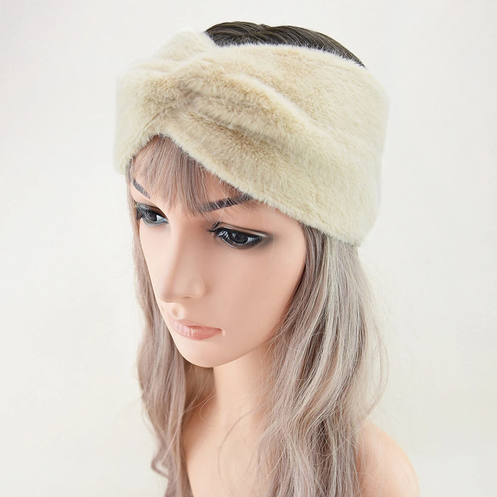 Ear Warmer Hairband Plush Elastic Hair Band Solid Color Wide Turban Headwrap Imitation Mink Fur Cross Headbands Stretch DIY Band