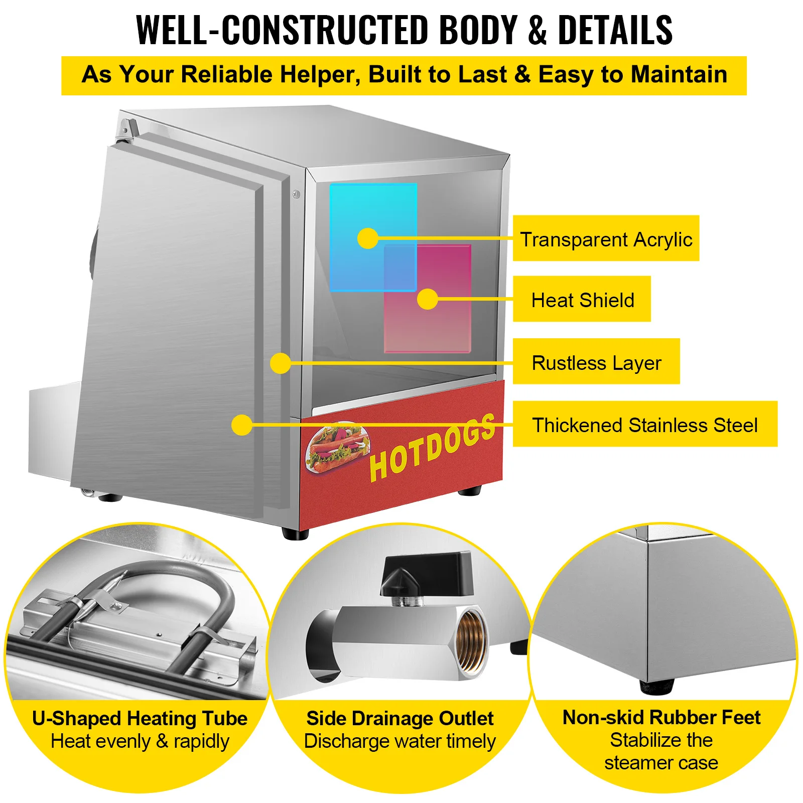Vevor 500w Hot Dog Dampfer für Hot Dogs & Brötchen Edelstahl Elektro Food Brötchen wärmer Herd mit Dropdown-Tür