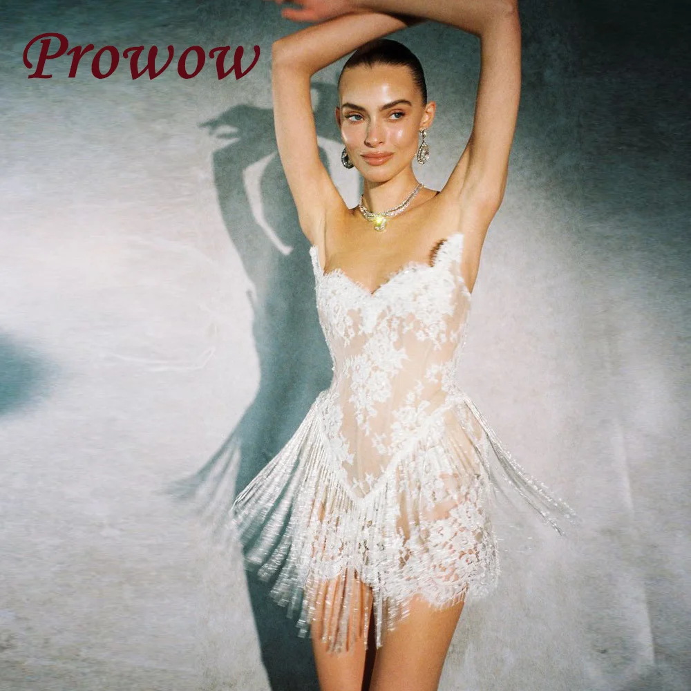 

Prowow Luxury Beading Lace Short Wedding Dresses Sweetheart Illusion Mini Bridal Gowns Sleeveless Mermaid Prom Dress Customized