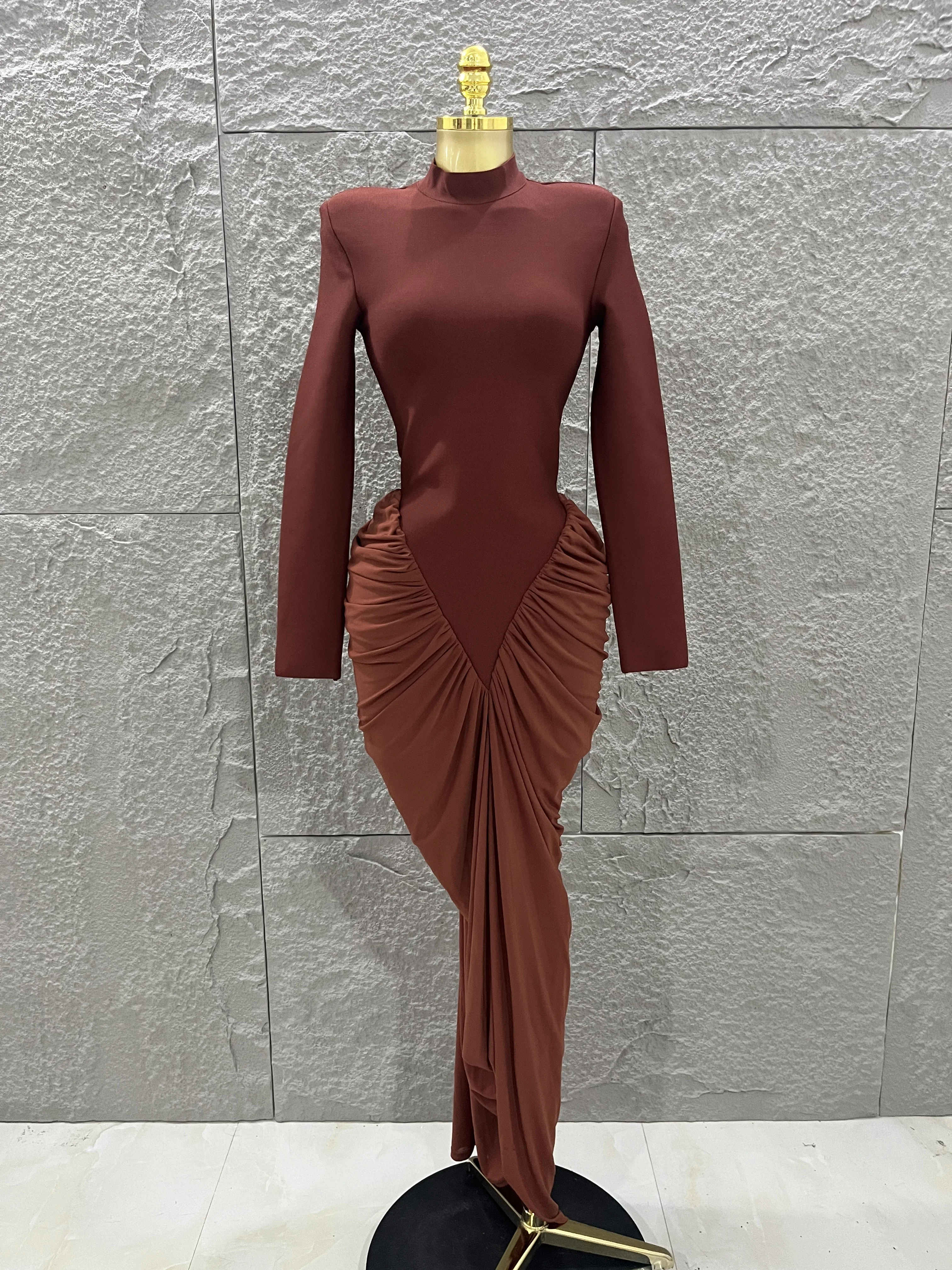 

Opulent Turtleneck Backless Hollow Long Sleeve Solid Sexy Ruched Bodycon Women Maxi Dress Evening Party Nightclub Prom Dress