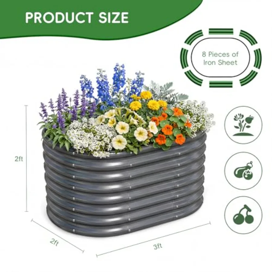 Outdoor galvanized metal raised garden beds, 3PCS 3x2x2ft oval planter boxes for vegetables, fruits, herbsgray, rust-resistant,